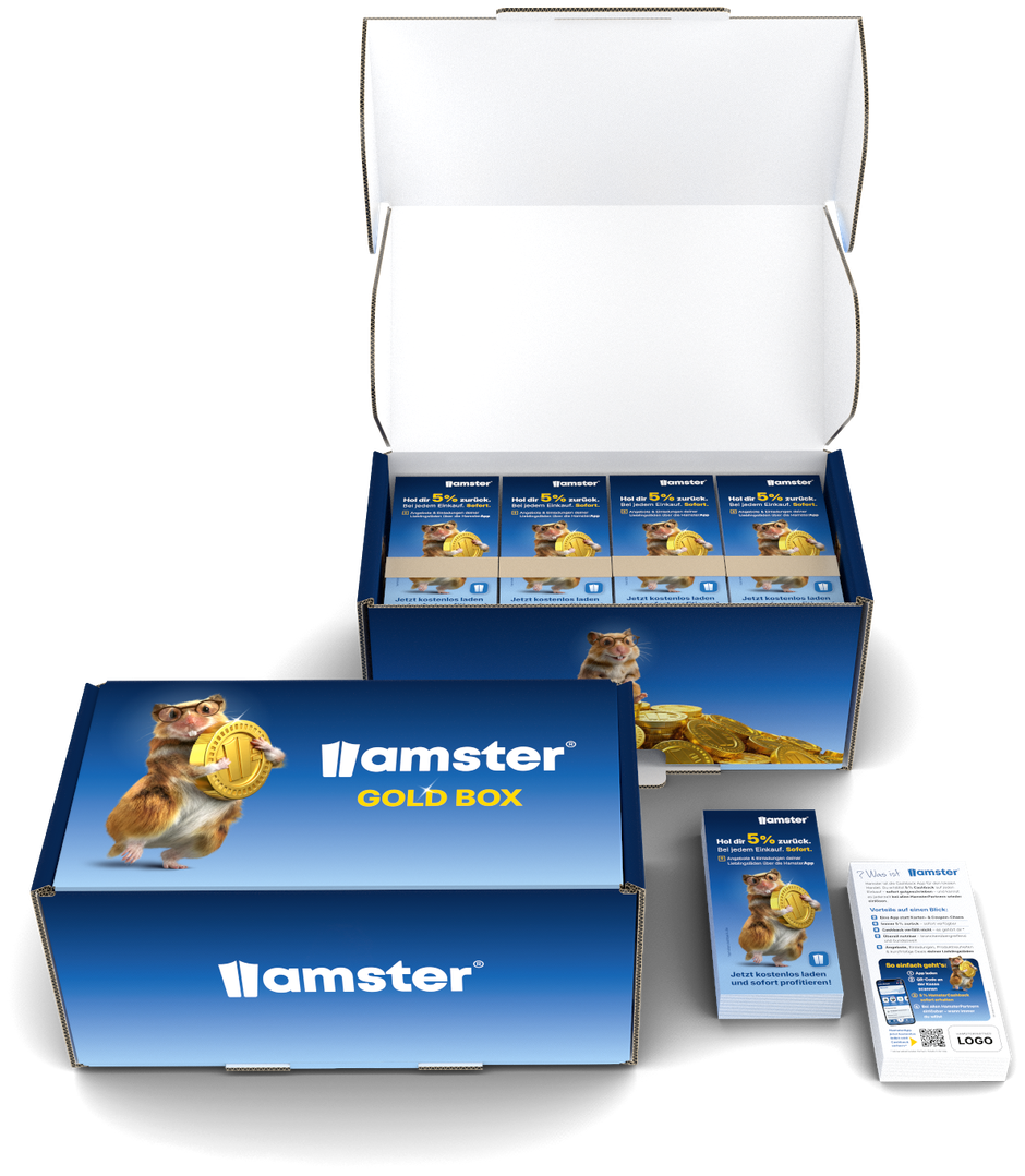 Hamster Gold-Box mit Flyern, Aufklebern und Marketingmaterial